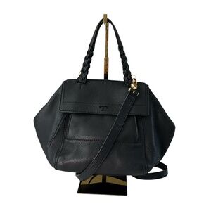 Tory Burch Half Moon Leather Satchel Black Gold Crossbody Convertible Bag